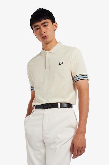 White Fred Perry Striped Cuff Polo Men's Shirts | PH 1536FDNM